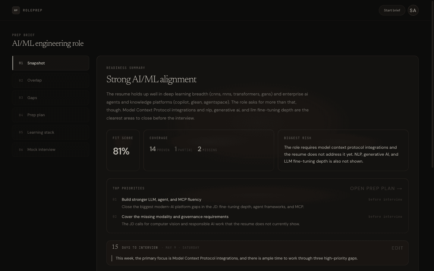 Snapshot pane showing fit score with three finding rows across confirmed, not-evidenced, and adjacent statuses.